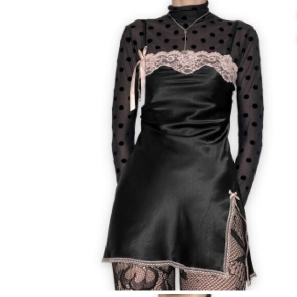 Victoria's Secret Angels Black Satin Pink Lace-Ribbon Slip Dress SZ Large Womens - Picture 4 of 16